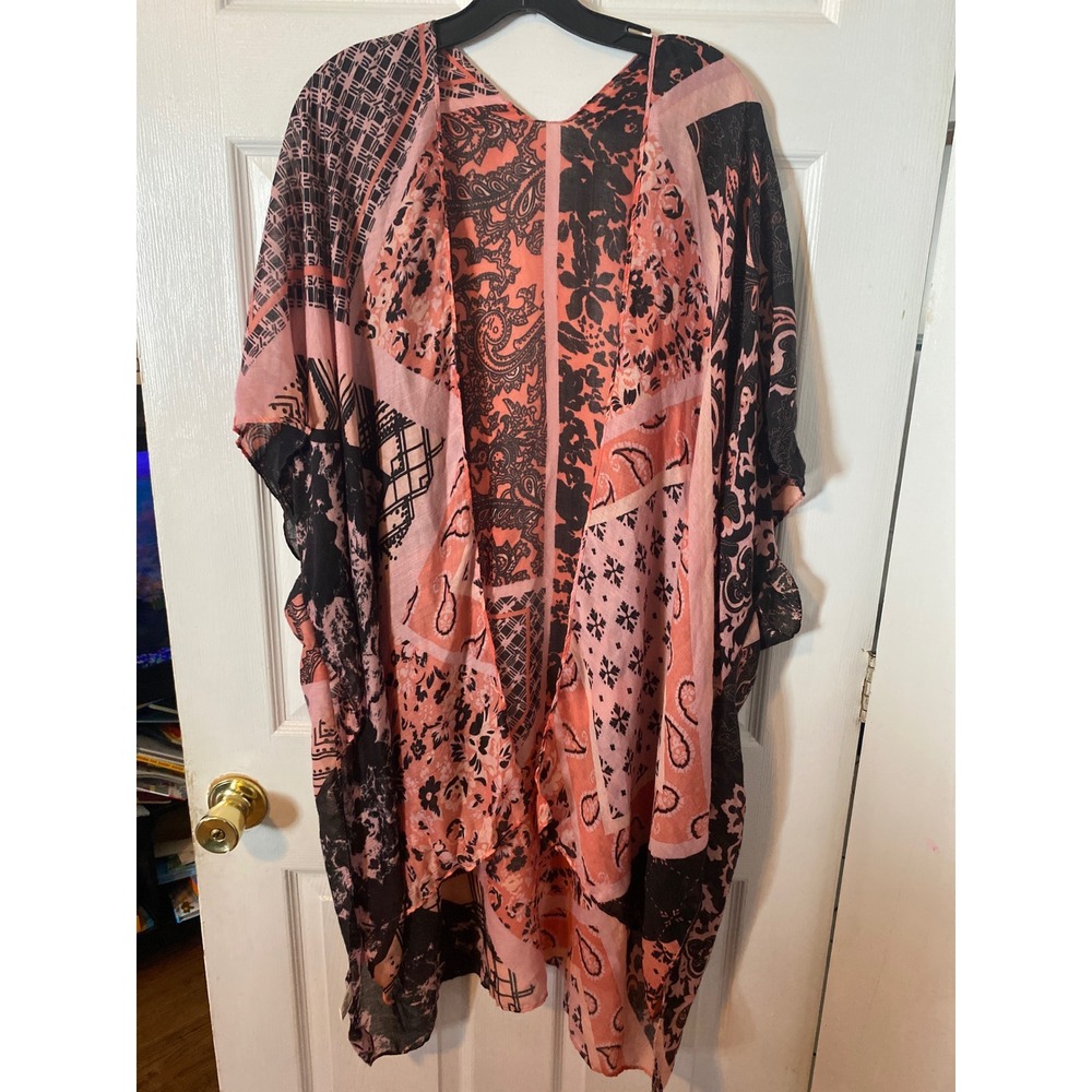 Pink Black Paisley Geometric Sheer Kimono Wrap Cover Up One Size